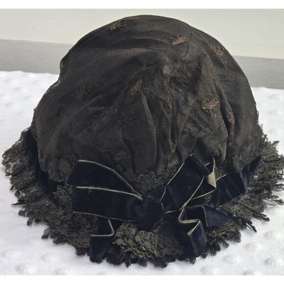 Antique Victorian Mourning Bonnet Hat Black Ribbon Lace Dark Brown Distressed main image 14